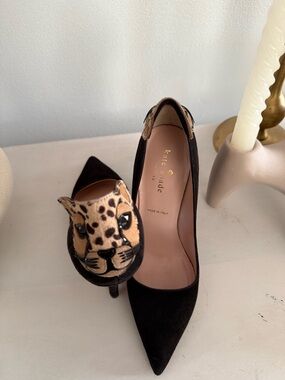 Kate Spade Lina Leopard Cat Heel Pumps Black Suede Made in Italy 5M min